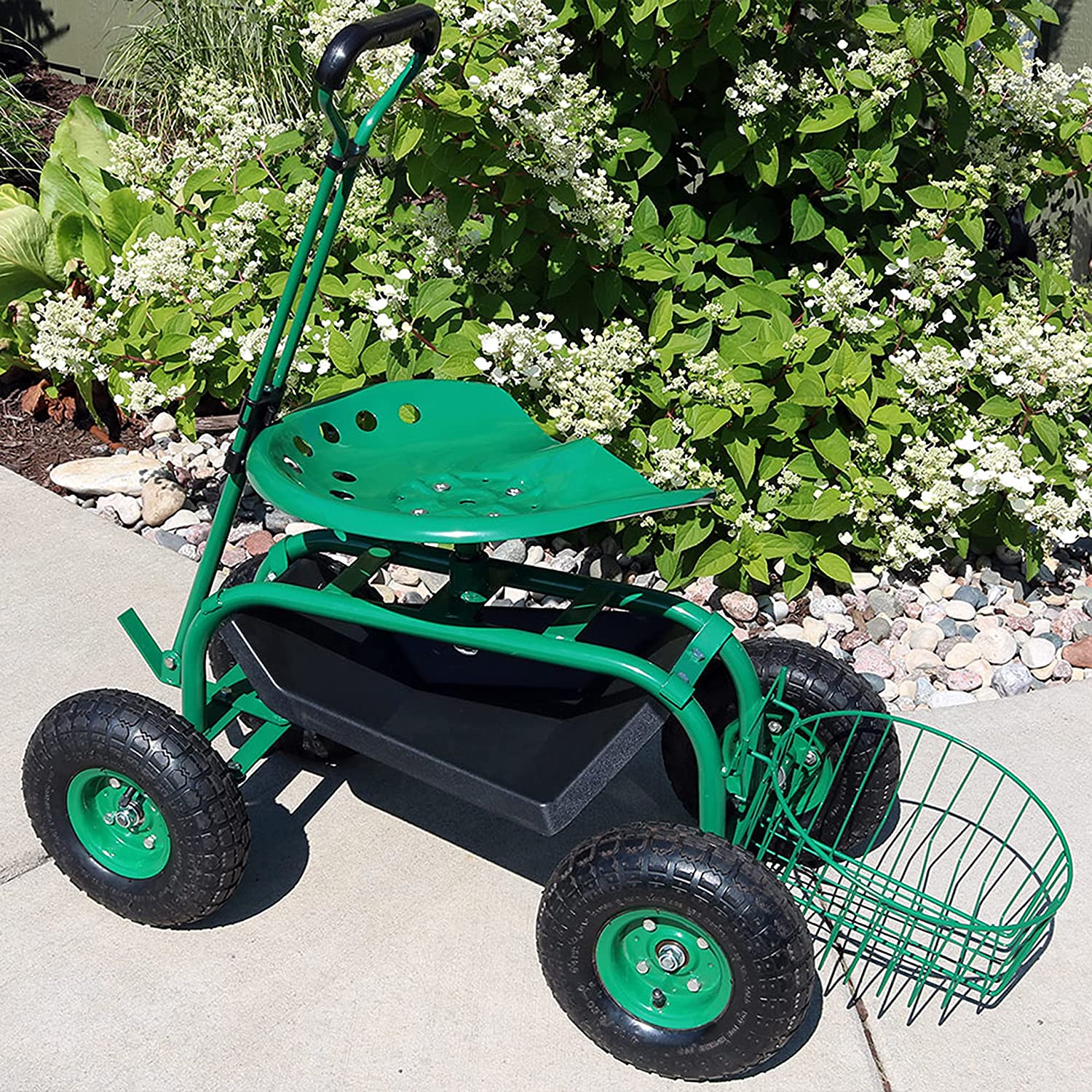 Sunnydaze Garden Cart Rolling Scooter with Extendable Steer Handle?? Swivel Seat and Utility Tool Tray?? Green - Image 9