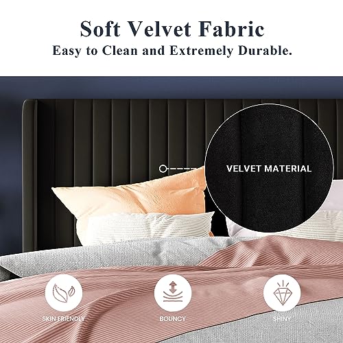 Allewie Queen Size Velvet Bed Frame/Vertical Channel Tufted Wingback Headboard/Upholstered Platform Bed/Strong Wooden Slats/No Box Spring Needed/Easy Assembly/Black - Image 76