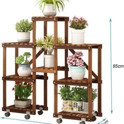 Alternative view of Storage Shelves Flower Pot Holder Wooden Shelving Plant Display Stand Carbonized Potted Rack 5 Tier with Wheels Floor Shelf for Indoor Outdoor Garden Decoration