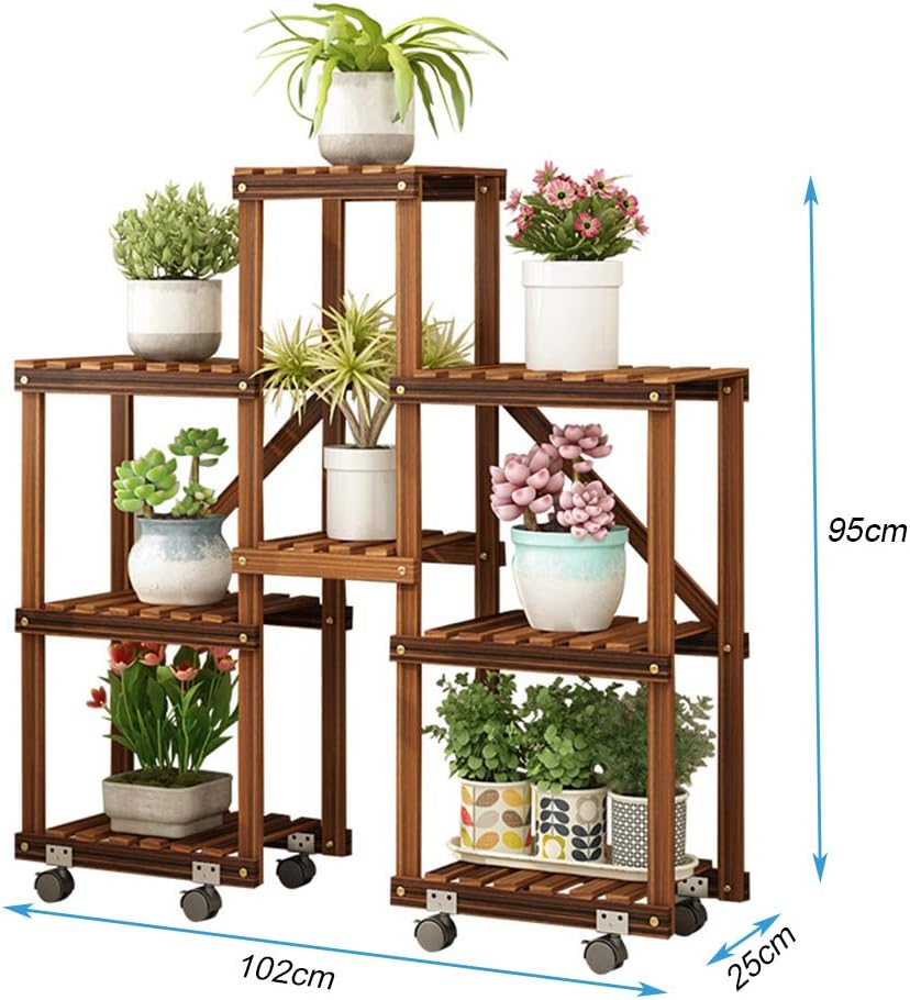 Storage Shelves Flower Pot Holder Wooden Shelving Plant Display Stand Carbonized Potted Rack 5 Tier with Wheels Floor Shelf for Indoor Outdoor Garden Decoration - Image 2