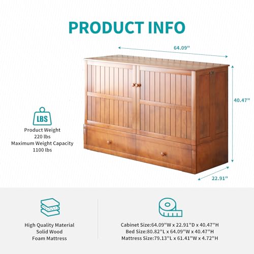 BALUS Murphy Bed Cabinet,Queen Murphy Bed with Tri-fold Mattress & USB Charging Station,Modern Wall Chest Beds with Folding Night Stand Trays and Storage Drawers for Bedroom Living Room,Grey-Blue - Image 12