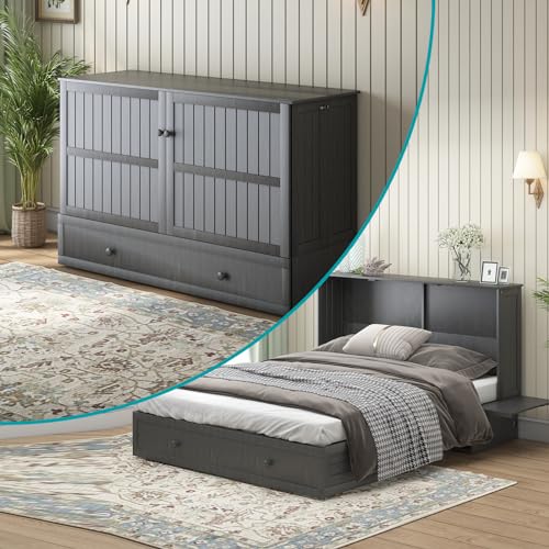 BALUS Murphy Bed Cabinet,Queen Murphy Bed with Tri-fold Mattress & USB Charging Station,Modern Wall Chest Beds with Folding Night Stand Trays and Storage Drawers for Bedroom Living Room,Grey-Blue - Image 4