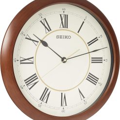 SEIKO 16 Roman Numeral Round Wood Finish Wall Clock