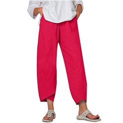Women’s Cotton Linen Casual Summer Harem Pants Solid Color Loose Wide Leg Pant Comfortable Sweatpants with Pocket