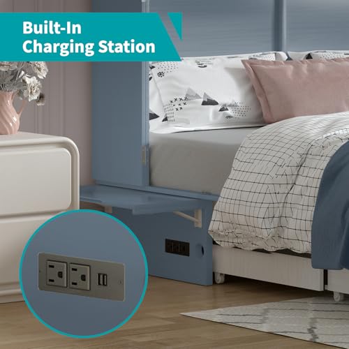 BALUS Murphy Bed Cabinet,Queen Murphy Bed with Tri-fold Mattress & USB Charging Station,Modern Wall Chest Beds with Folding Night Stand Trays and Storage Drawers for Bedroom Living Room,Grey-Blue - Image 27