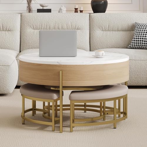 Linique Modern Round Lift-Top Coffee Table with Storage and 3 Ottoman, White + Black - Image 6