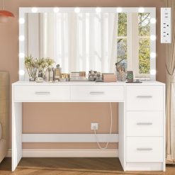 Makeup Vanity Desk with Mirror, 10 Lights, 5 Drawers, 3 Storage Shelves, 3 Color Modes & Adjustable Brightness Dressing Table, 35.4?? Desk, Black