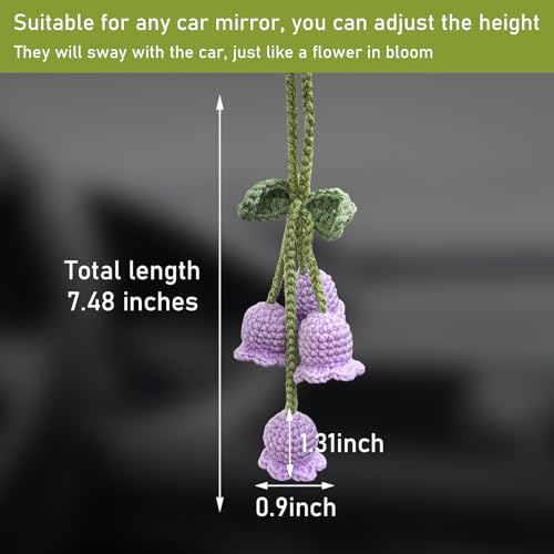 Car Mirror Rear View Mirror Convallaria Accessories, Cute Car Rear View Mirror Hanging Daisy Decorative Charms, Universal Handmade Daisy Aesthetic Ornament for Most Vehicles (Purple) - Image 2