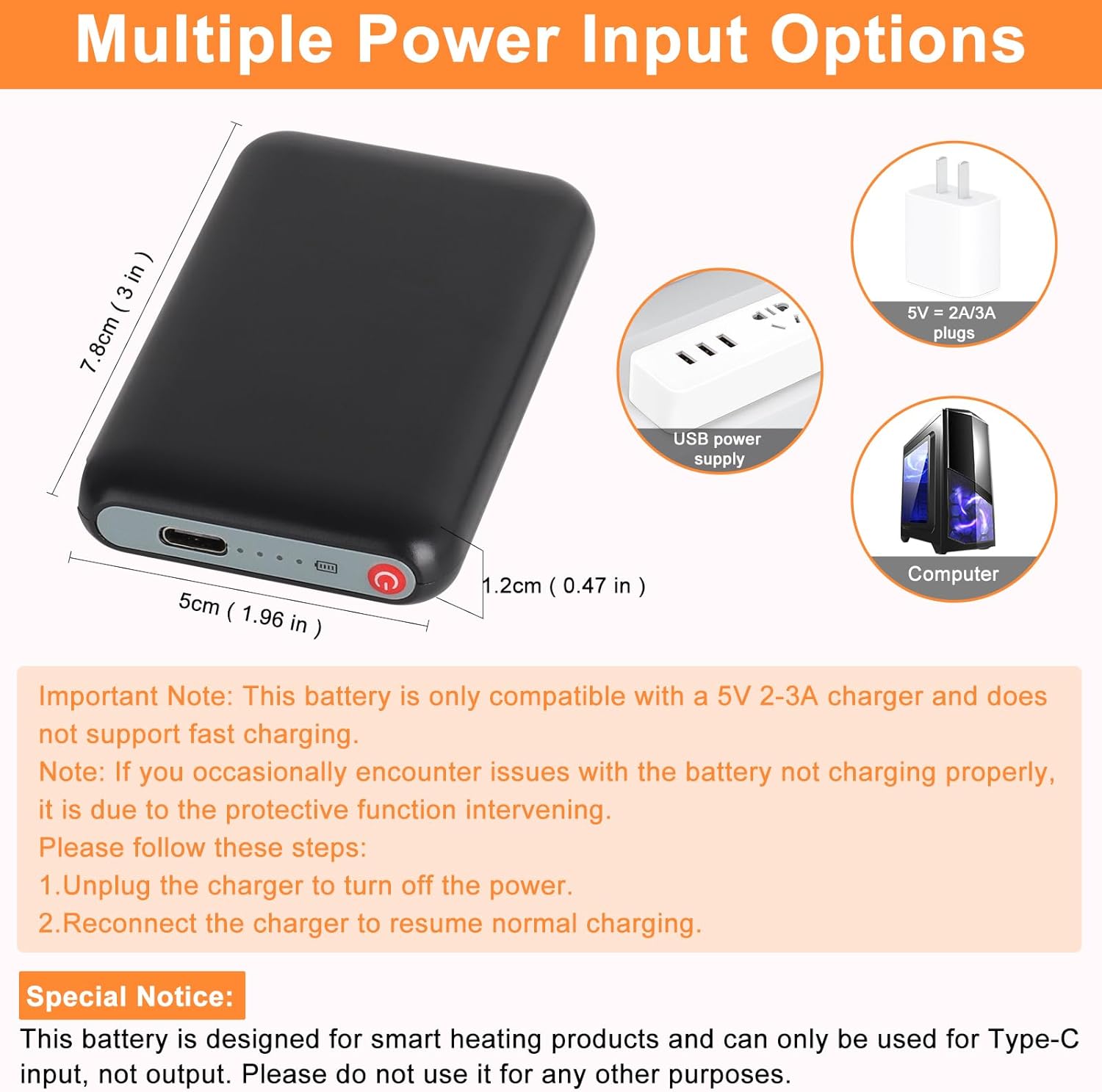 Amiable Upgraded 5V 5000mAh Li-Polymer Rechargeable Batteries, Suitable for Heated Gloves Heated Scarf Heated Socks, Heated Slippers Spare Battery (Black) - Image 7