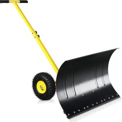Outvita Snow Shovel with Wheels, 29 Wide 18 Long Snow Plow Shovel Angle & Height Adjustable Padded Handle Efficient Snow Clean Tool for Driveway or Pavement (Yellow)