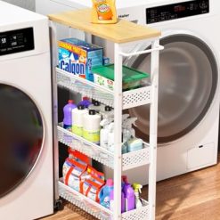 Utility Slim Storage Cart, 4 Tier Small Rolling Kitchen Laundry Room Cart with Wood Top, Metal Narrow Bathroom Storage Cabinet Mobile Shelf Unit Organizer Trolley with Handle for Narrow Space