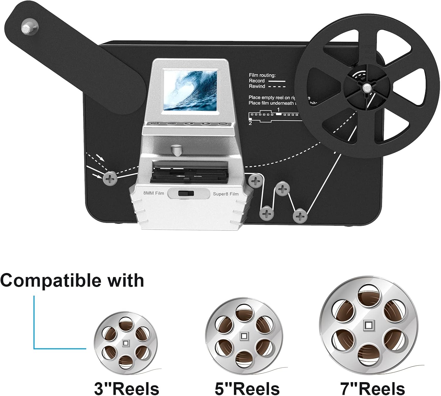 8mm & Super 8 Reels to Digital MovieMaker Film Sanner Converter, Pro Film Digitizer Machine with 2.4 LCD, Convert 5 inch and 8 inch 8mm Super 8 Film reels into 1080P Digital Videos - Image 3