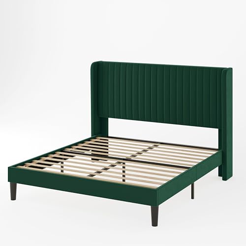 Allewie Queen Size Velvet Bed Frame/Vertical Channel Tufted Wingback Headboard/Upholstered Platform Bed/Strong Wooden Slats/No Box Spring Needed/Easy Assembly/Black - Image 10