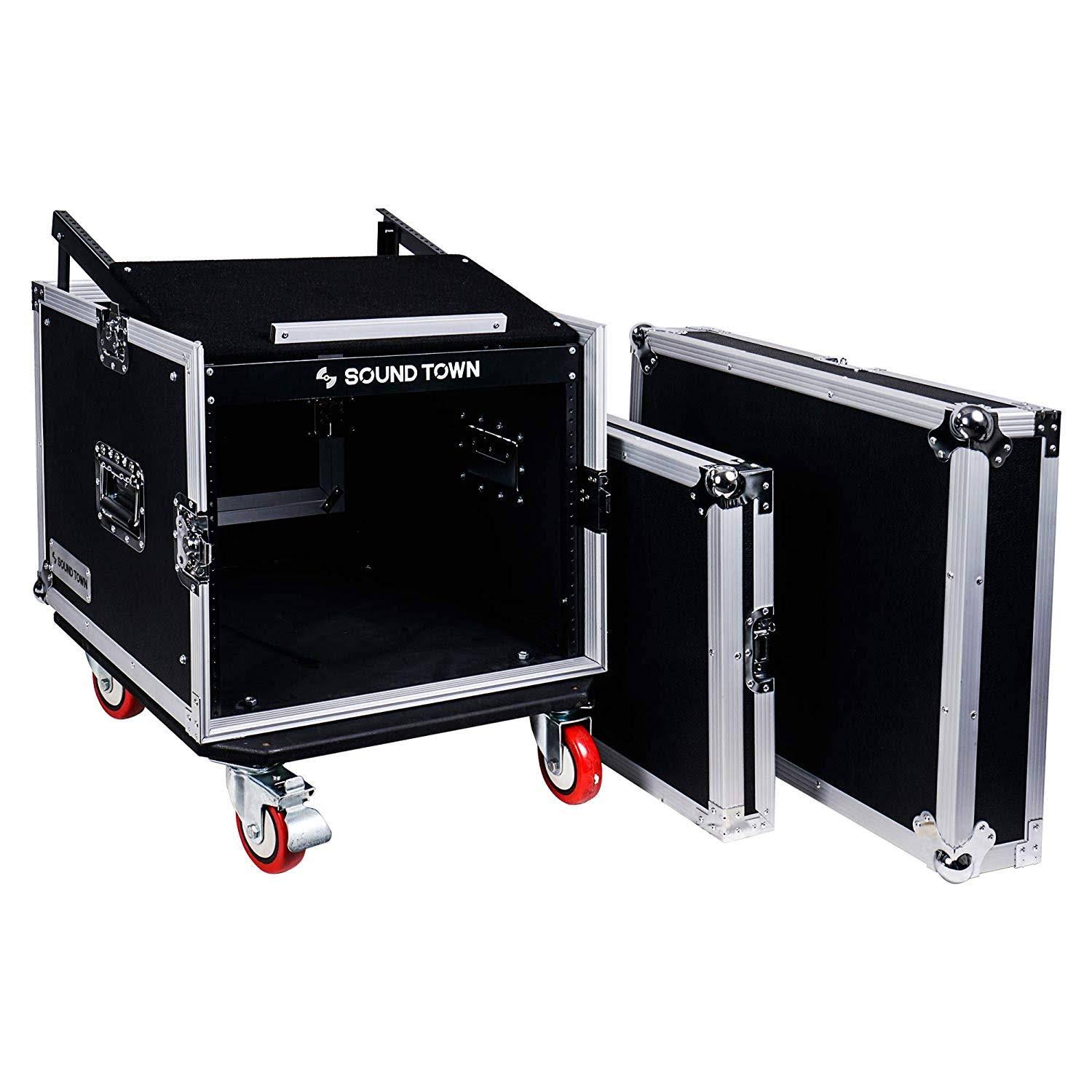 Sound Town 8-Space Pa/dj Rack/Road Case with Slant Mixer Top and Casters (STMR-8UW) - Image 4
