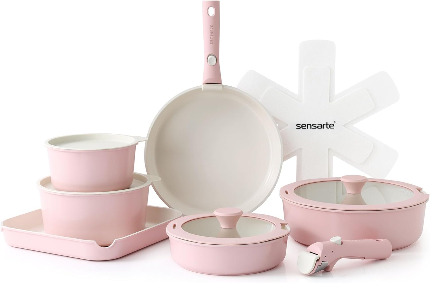 SENSARTE 17 Piece Ceramic Pots and Pans Set, Nonstick Detachable Handle Cookware, Induction Kitchen Cookware Set with Removable Handle, Dishwasher ?? Oven Safe (Gray) - Image 7