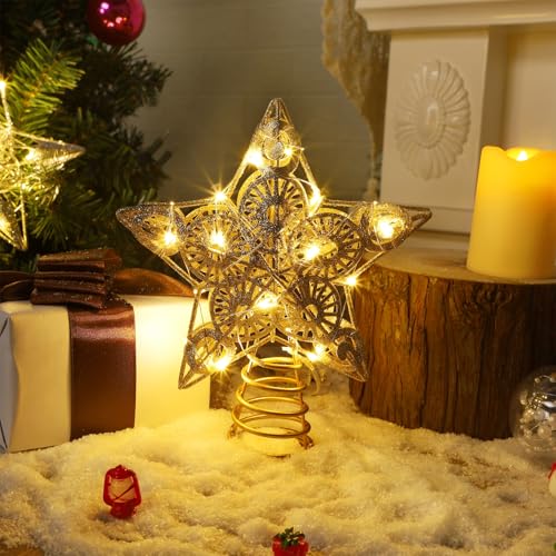 Juegoal Star Tree Topper with 20 LED Lights, Metal Golden Lighted Treetop Ornaments, Battery Powered Light Up Christmas Tree Decorations, 6.5 x 6.5 Inches - Image 10