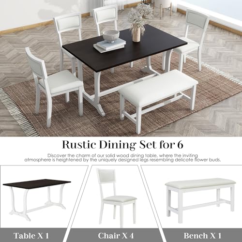 Wood Dining Table Set for 6 with 4 Upholstered Chair & 1 Bench, Mid-Century Modern Dining Room Table Set with Chairs Dinner Table Set for Dining Room, Kitchen, Natural - Image 4
