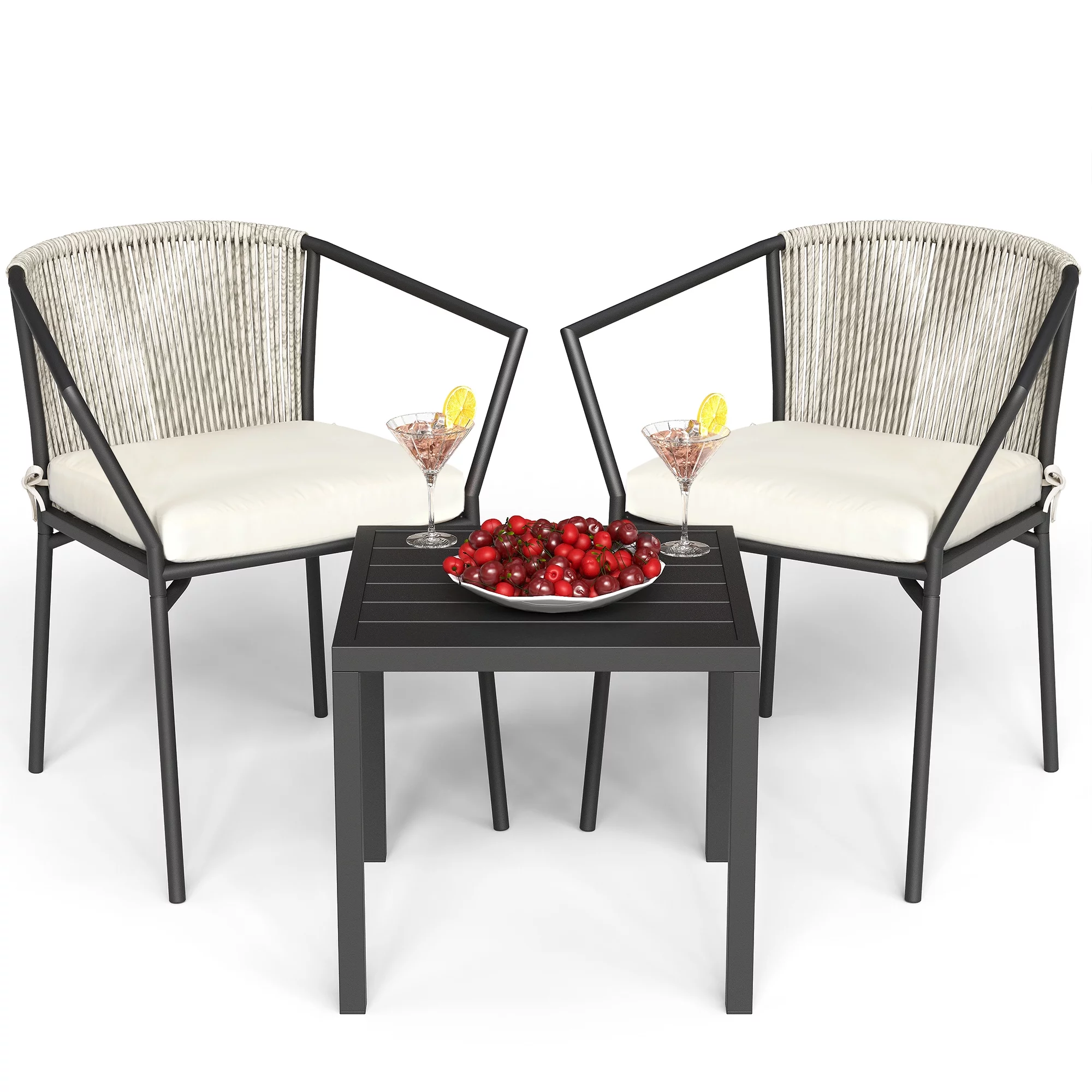 Dextrus 3-Piece Patio Conversation Bistro Set, Outdoor Wicker Dining Table Chairs Set, With 2 Stackable Chairs, Cushions, Side Table – White - Image 3