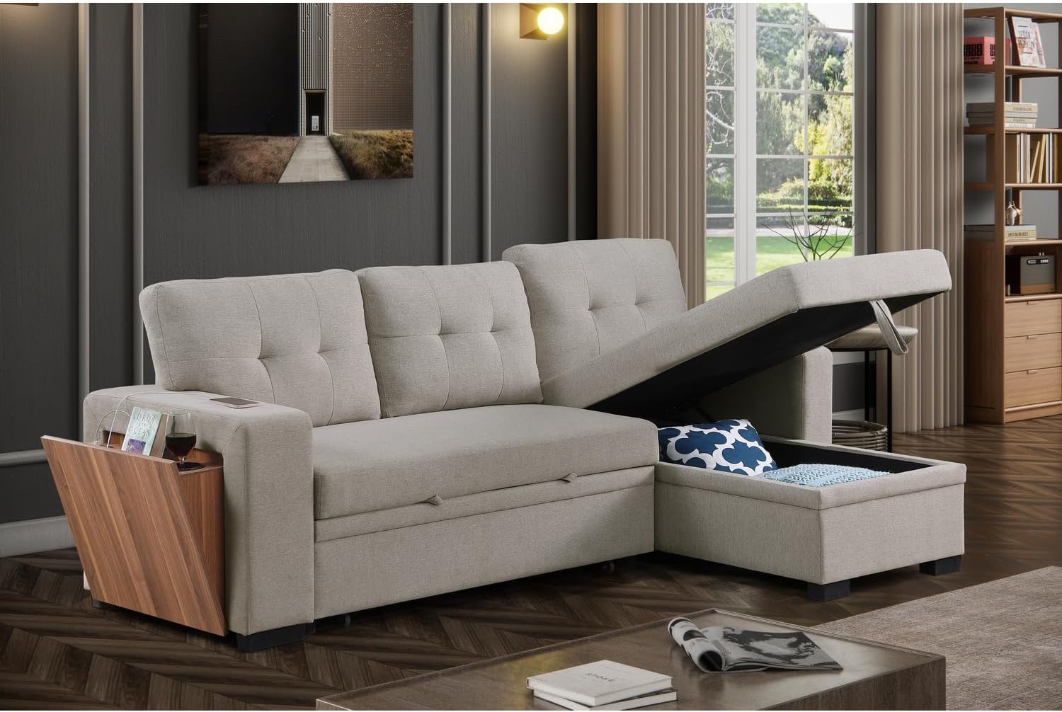 Devion Furniture 92 W Modern L-Shaped Polyester Fabric Upholstered Reversible Side Compartment Sleeper Sectional Sofa Bed with Chaise in Light Gray Finish - Image 3