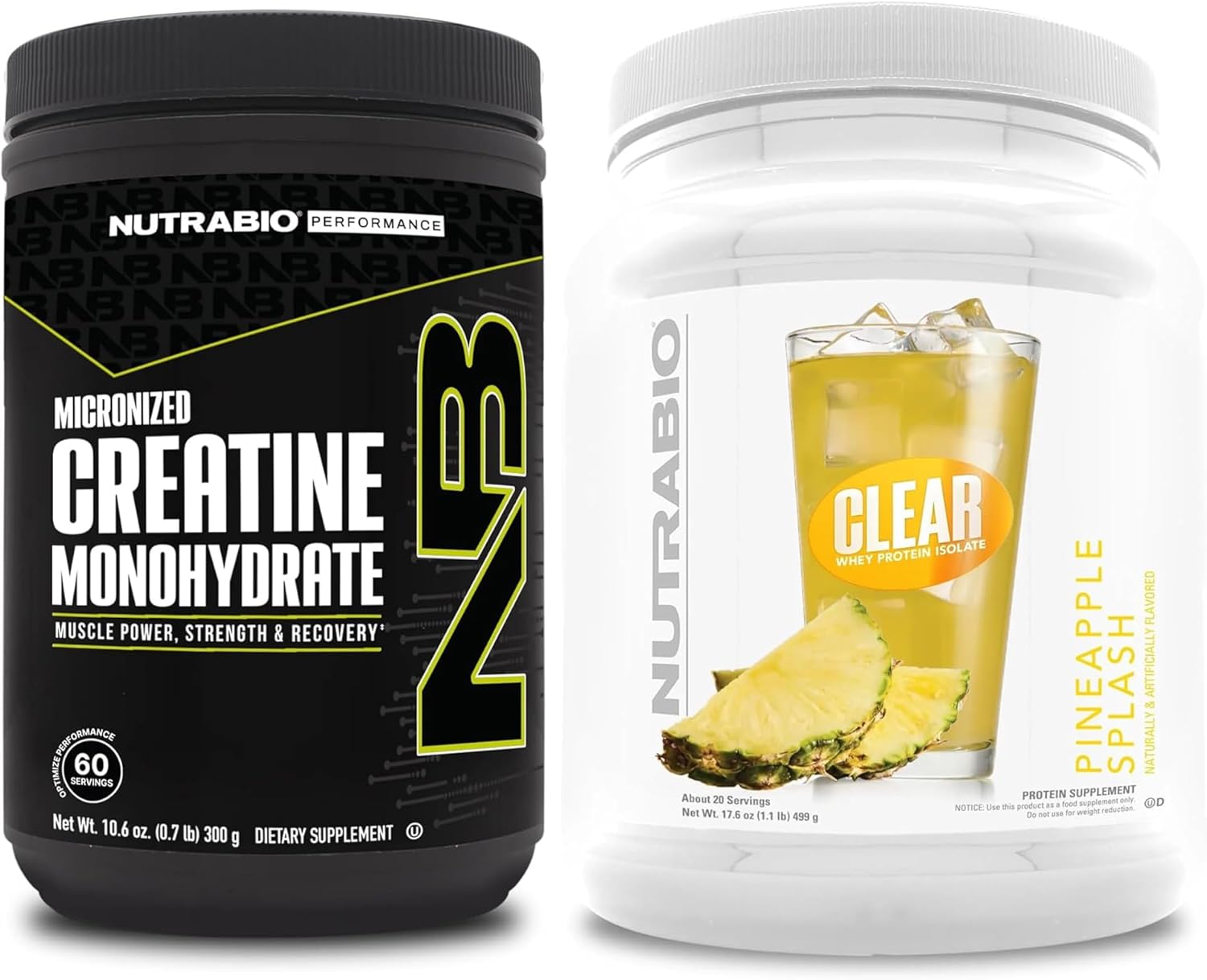 NutraBio Creatine Monohydrate, Unflavored, (300 g) and Clear Whey Protein Isolate, (Pineapple Splash) Supplement Bundle ?C Muscle Energy, Maximum Growth, Recovery, and Strength