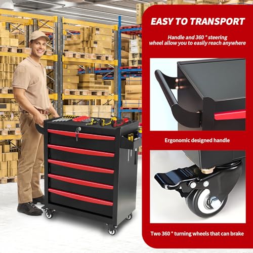 Rolling Tool Chest, Metal Tool Box with 5 Drawers, Lockable Garage Storage Cabinets Sliding Tool Drawer Cart on Wheels Toolbox Organization Workbench for Workshop Warehouse Repair Shop - Image 13