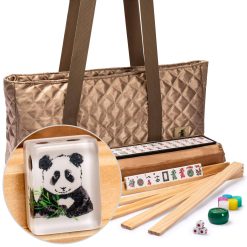 Yellow Mountain Imports American Mahjong Set, Panda Tiles with Tawny Brown Fabric Case – 4 All-in-One Racks with Pushers, Dice,