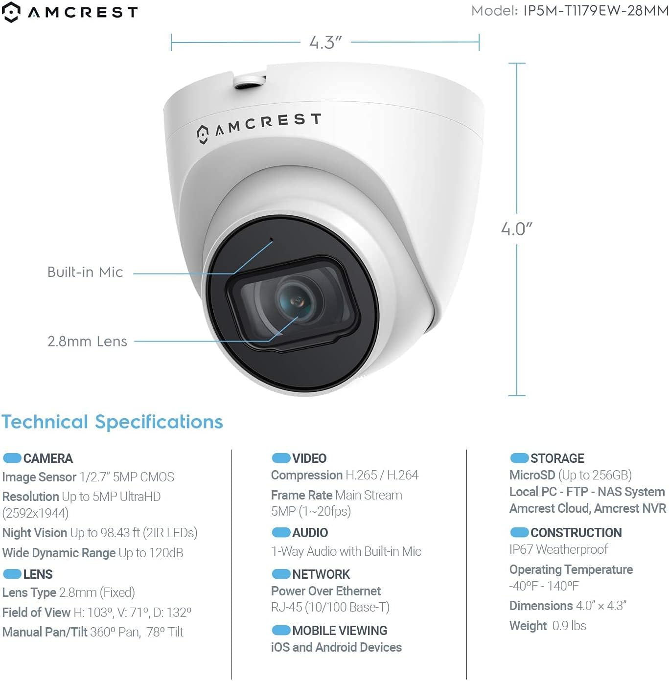 Amcrest 5MP Turret POE Camera, UltraHD Outdoor IP Camera POE with Mic/Audio, 5-Megapixel Security Surveillance Cameras, 98ft NightVision, 2.8mm Lens (103?? FOV), IP67, MicroSD (256GB), (IP5M-T1179EW) - Image 3