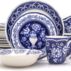 Euro Ceramica Blue Garden 16 Piece Oven Safe Hand Painted Stoneware Dinnerware Set, Service for 4, Bold Vase Design/Floral Pattern, White and blue