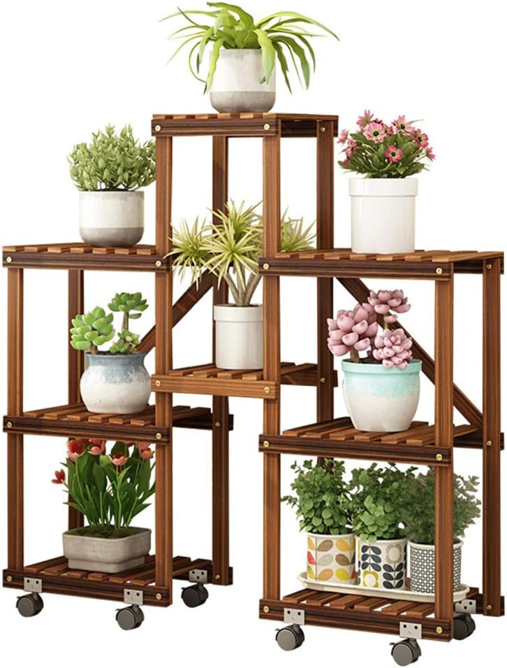 Storage Shelves Flower Pot Holder Wooden Shelving Plant Display Stand Carbonized Potted Rack 5 Tier with Wheels Floor Shelf for Indoor Outdoor Garden Decoration