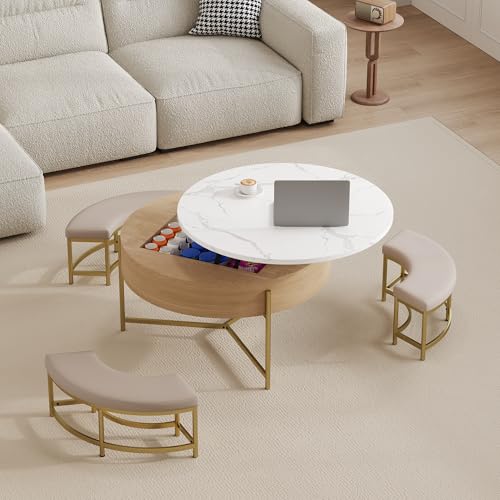 Linique Modern Round Lift-Top Coffee Table with Storage and 3 Ottoman, White + Black - Image 4