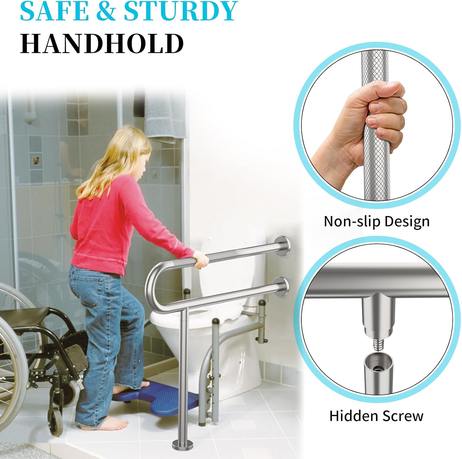 Toilet Support Rail 31.3X 31.5 Inch, Munzong Anti-Slip Satin Brushed Nickel Handicap Grab Bar for Bathroom, Stainless Steel Knurled Safety handrails with Leg for Elderly Disabled Pregnant-1.25??Tube - Image 5