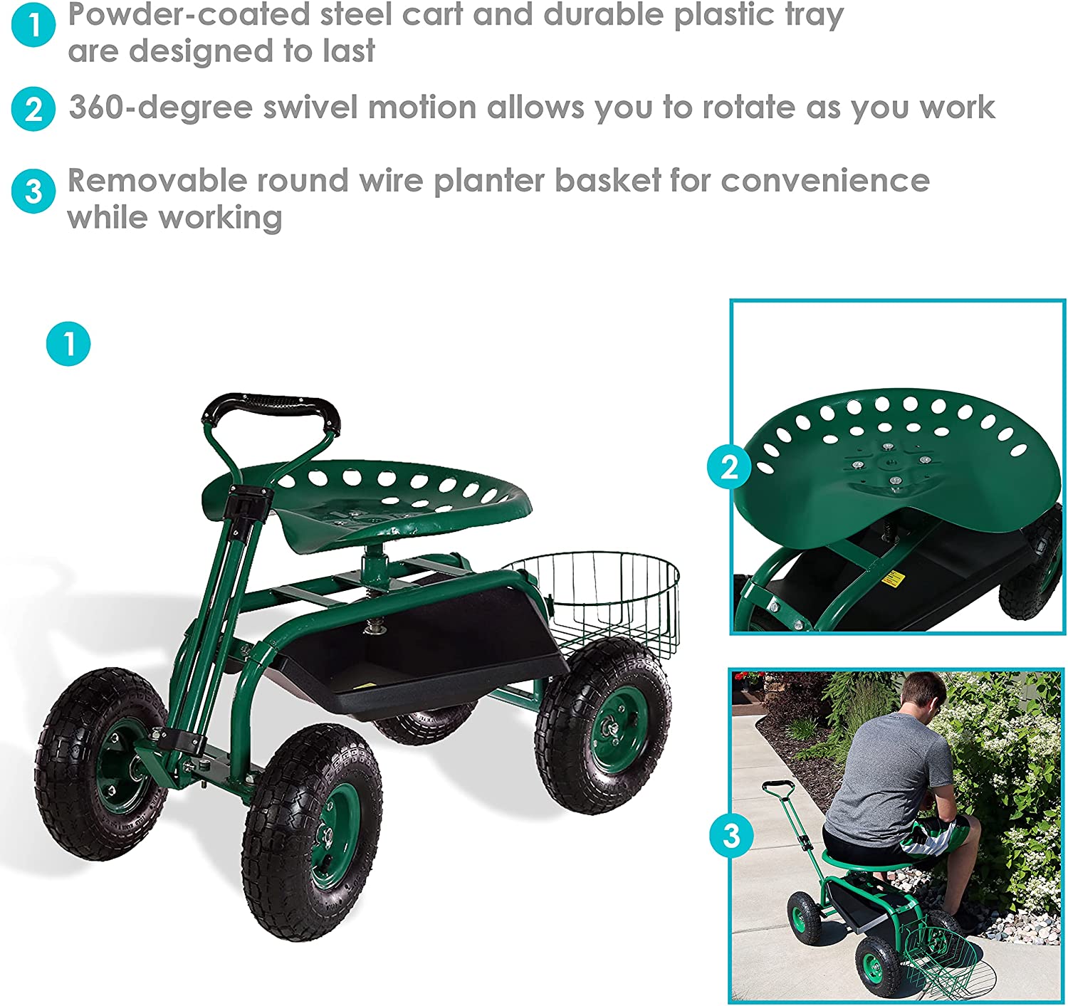 Sunnydaze Garden Cart Rolling Scooter with Extendable Steer Handle?? Swivel Seat and Utility Tool Tray?? Green - Image 2