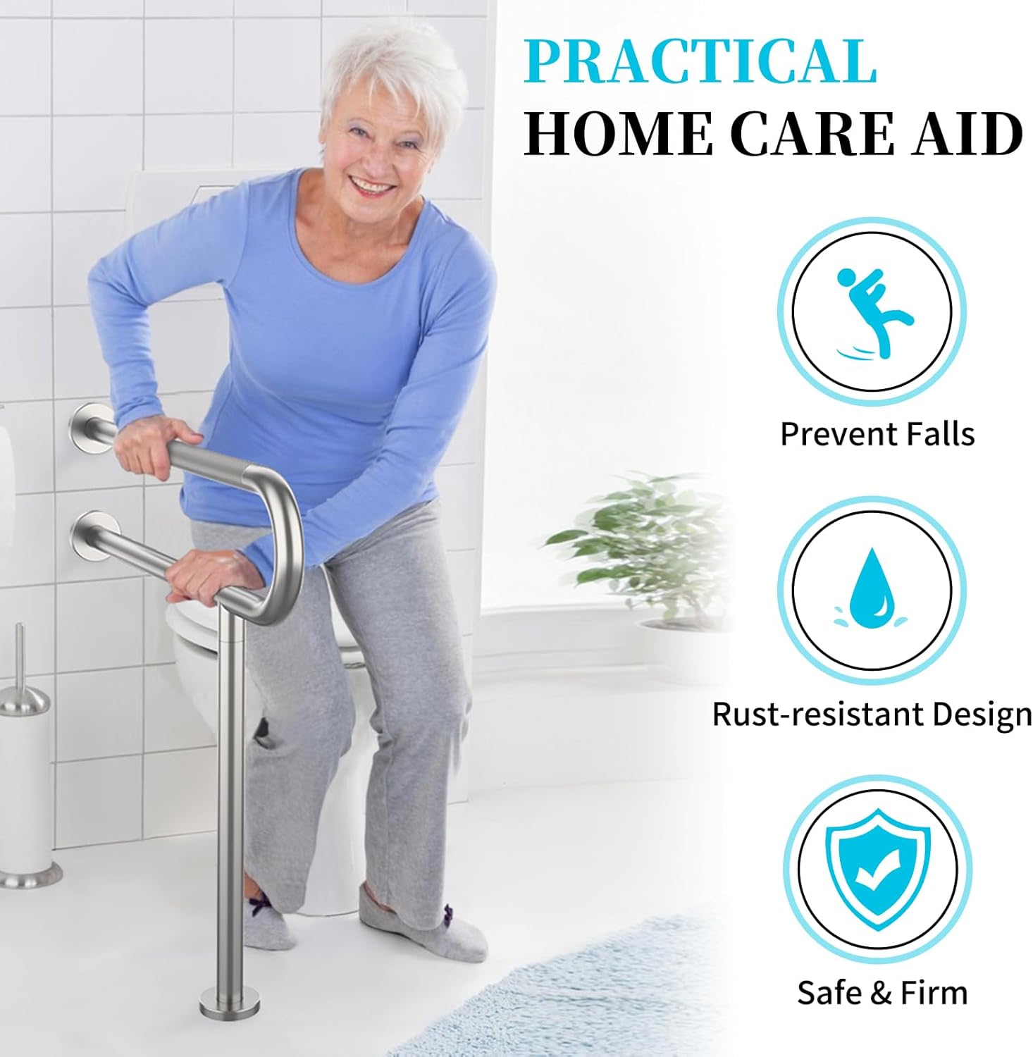 Toilet Support Rail 31.3X 31.5 Inch, Munzong Anti-Slip Satin Brushed Nickel Handicap Grab Bar for Bathroom, Stainless Steel Knurled Safety handrails with Leg for Elderly Disabled Pregnant-1.25??Tube - Image 4