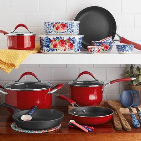 The Pioneer Woman Frontier Speckle 25-Piece Nonstick u0026 Cast Iron Cookware Combo