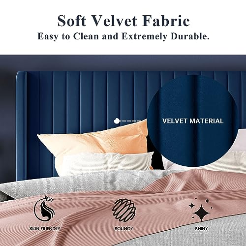 Allewie Queen Size Velvet Bed Frame/Vertical Channel Tufted Wingback Headboard/Upholstered Platform Bed/Strong Wooden Slats/No Box Spring Needed/Easy Assembly/Black - Image 15