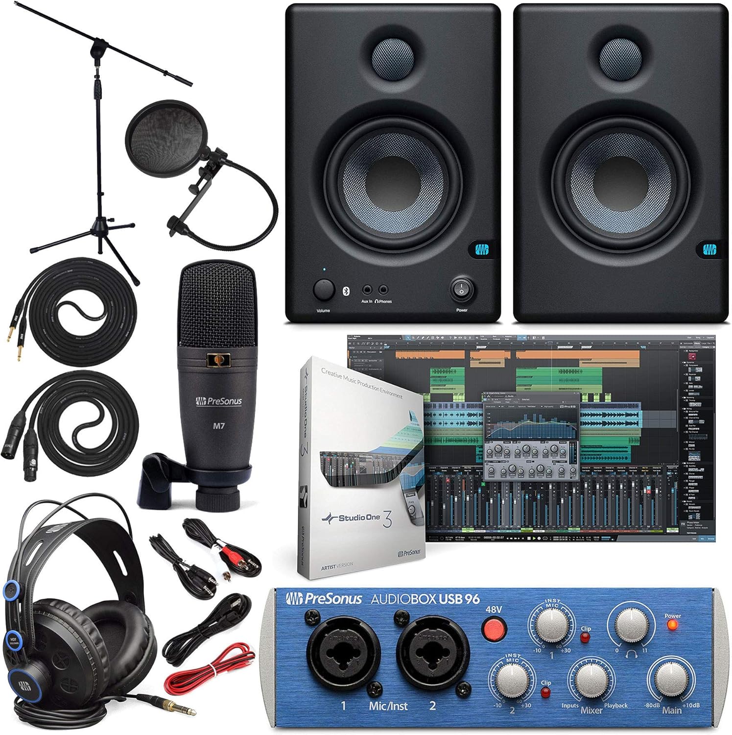 PreSonus AudioBox 96 Audio Interface (May Vary Blue or Black) Full Studio Bundle with Studio One Artist Software Pack with Eris 4.5 BT Pair Studio Bluetooth Monitors and 1/4?? Instrument Cable
