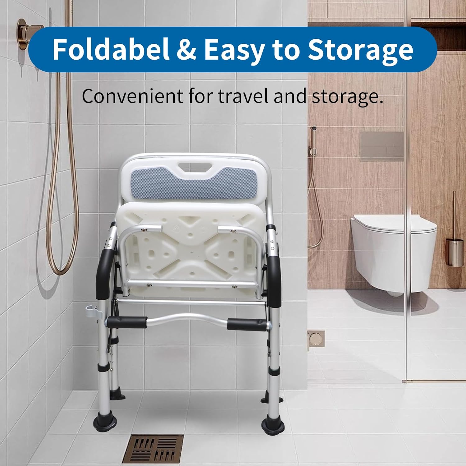 Shower Chair for Elderly & Disabled, Folding Shower Chair Seat with Arm and Back, Inside Shower Chair, Foldable Bathroom Chairs for Sitting, Portable for Travel – Collapsible, Compact & Comfortable - Image 4