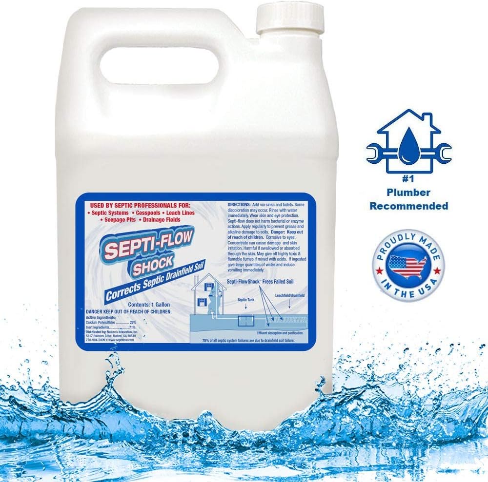 Septi-Flow | Septic System Shock Repair- Clears Drainfields, Dissolves Deadpan and Hardened Soil, Full Tank Treatment (4) Gallon Set