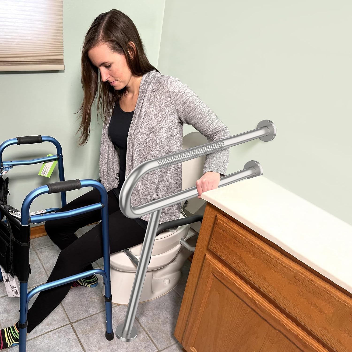 Toilet Support Rail 31.3X 31.5 Inch, Munzong Anti-Slip Satin Brushed Nickel Handicap Grab Bar for Bathroom, Stainless Steel Knurled Safety handrails with Leg for Elderly Disabled Pregnant-1.25??Tube - Image 7