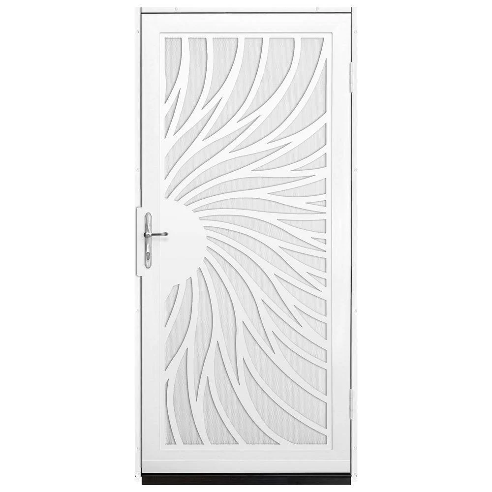 Unique Home Designs 36 in. x 80 in. Solstice White Surface Mount Steel Security Door with White Perforated Screen and Brass Hard