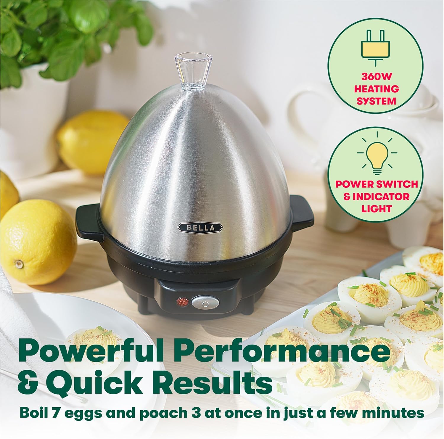 BELLA Rapid Electric Egg Cooker and Omelet Maker with Auto Shut Off, for Easy to Peel, Poached Eggs, Soft, Medium and Hard-Boiled Eggs, 7 Egg Capacity Tray, Single Tier, Black & Steel - Image 4