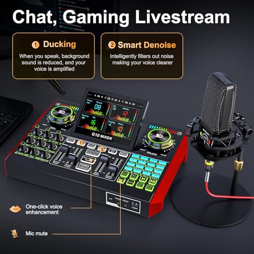 Podcast Microphone Bundle with Live Sound Card Audio Mixer, Podcast Equipment Bundle with 3.5mm Condenser Microphone for Pc/Phone Live Streaming Singing Gaming, Sound Board with Voice Changer, Denoise - Image 6