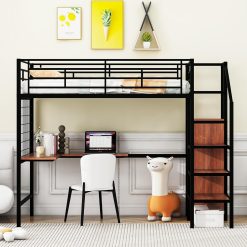 Black Twin Metal Loft Bed W/Desk Lateral Storage Ladder Wardrobe Glam Modern Contemporary Unisex Space MDF Finish Handmade Headboard Included