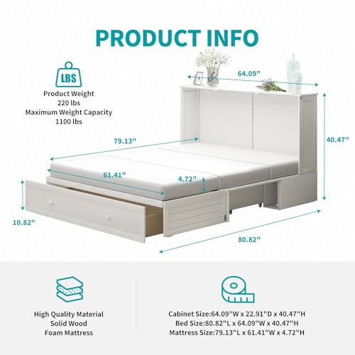 BALUS Murphy Bed Cabinet,Queen Murphy Bed with Tri-fold Mattress & USB Charging Station,Modern Wall Chest Beds with Folding Night Stand Trays and Storage Drawers for Bedroom Living Room,Grey-Blue - Image 5