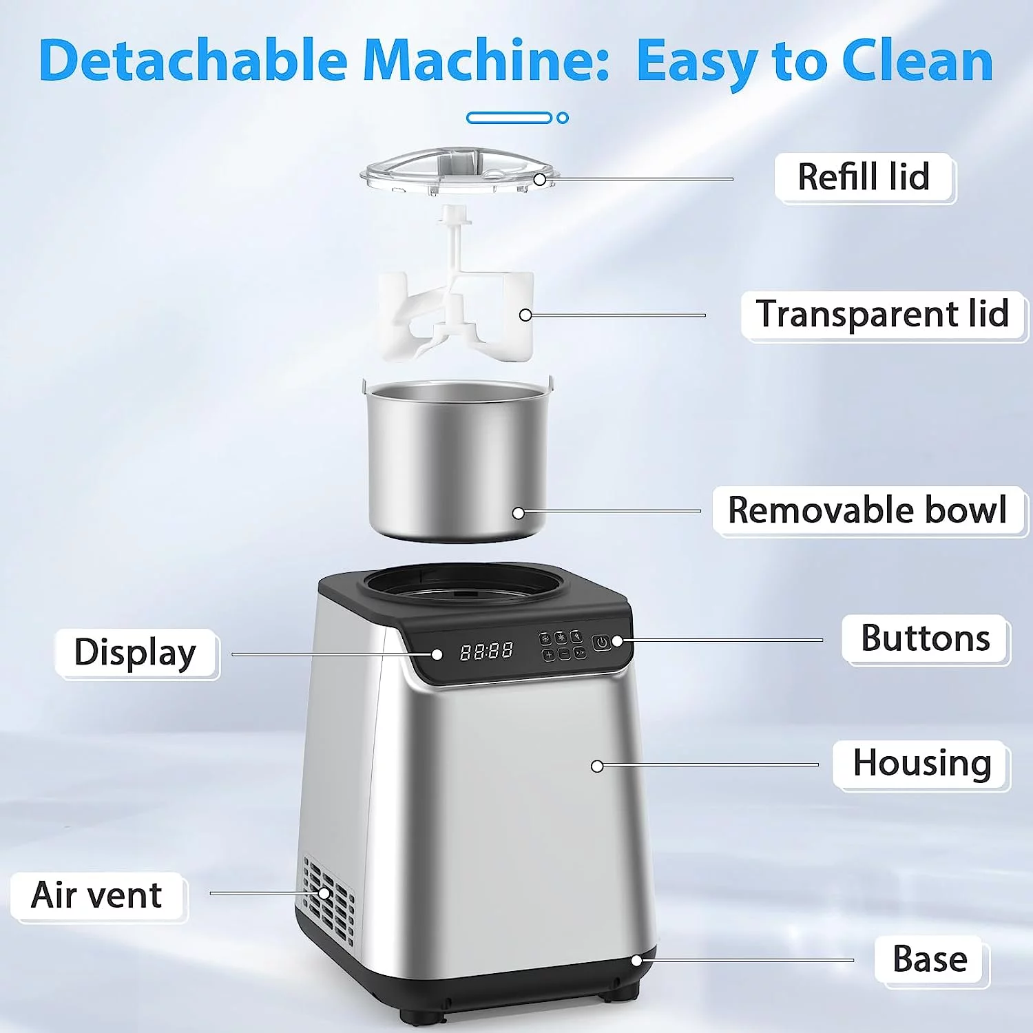 KISSAIR Upright Ice Cream Maker, Homemade Ice Cream Maker for Kids, Stainless Steel Machine with LED Display, 3 Modes for Gelato, Frozen Yogurt, Sorbet, 1.5L - Image 5