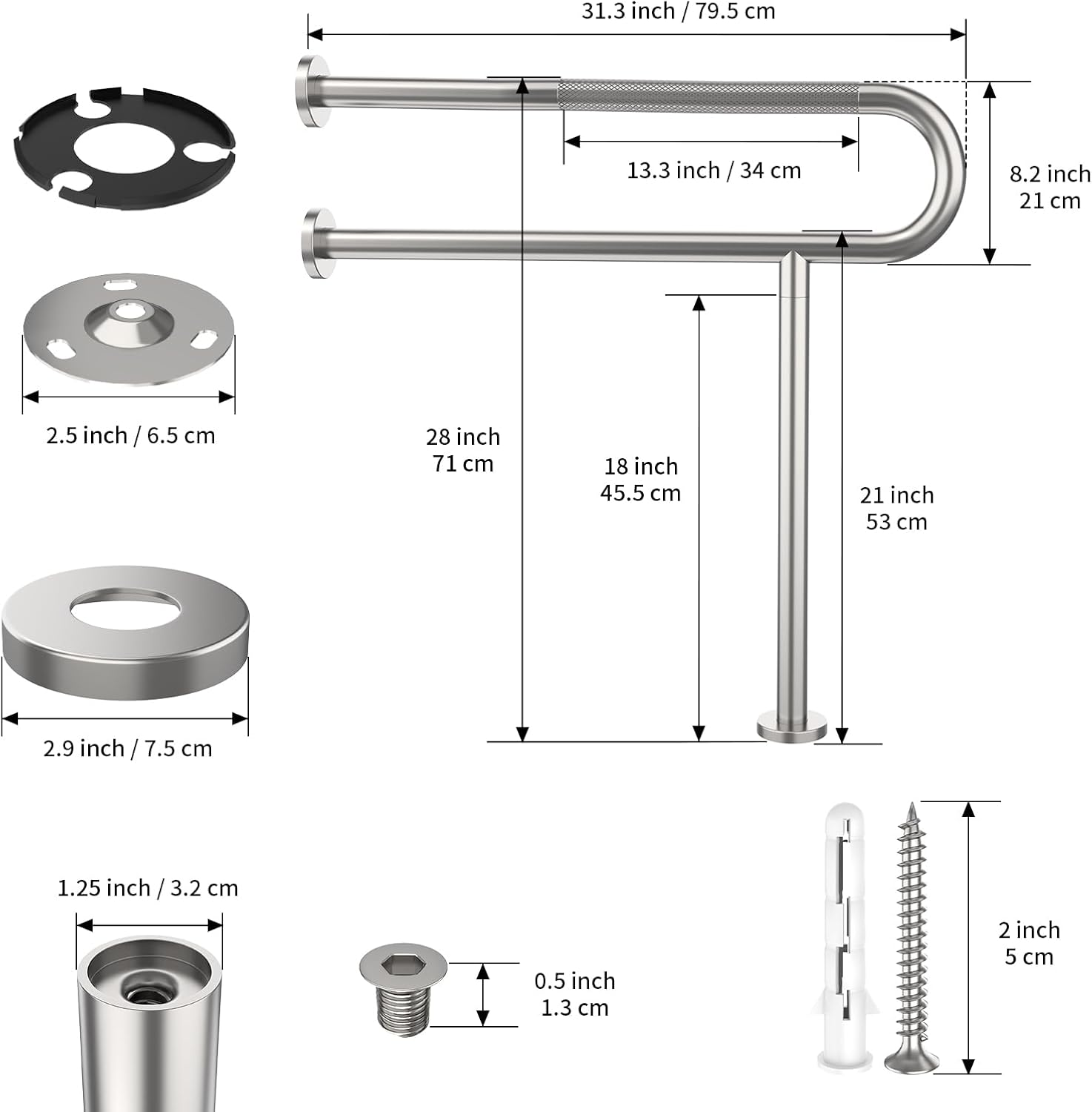 Toilet Support Rail 31.3X 31.5 Inch, Munzong Anti-Slip Satin Brushed Nickel Handicap Grab Bar for Bathroom, Stainless Steel Knurled Safety handrails with Leg for Elderly Disabled Pregnant-1.25??Tube - Image 2