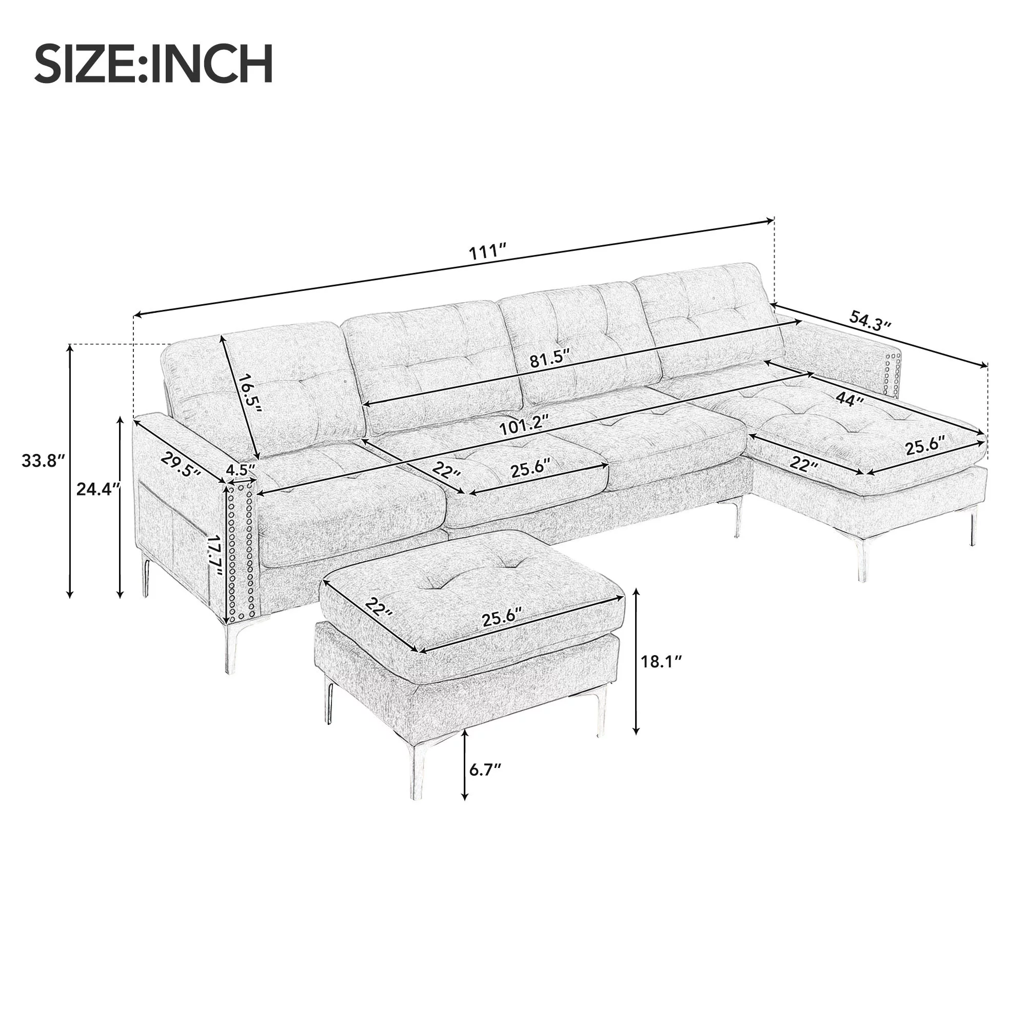 Soges U-Shaped Sectional Sofa with Ottoman, Convertible Couch for Living Room, 5 Seater Sofa, Gray, 110×54 - Image 3