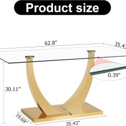 Alternative view of HomVent Contemporary Glass Top Rectangular Kitchen Dining Table, 0.39 Clear Tempered Glass Top Kitchen Table with Stainless Steel Base, Home Office Kitchen Dining Room Table Furniture(C, Gold Base)