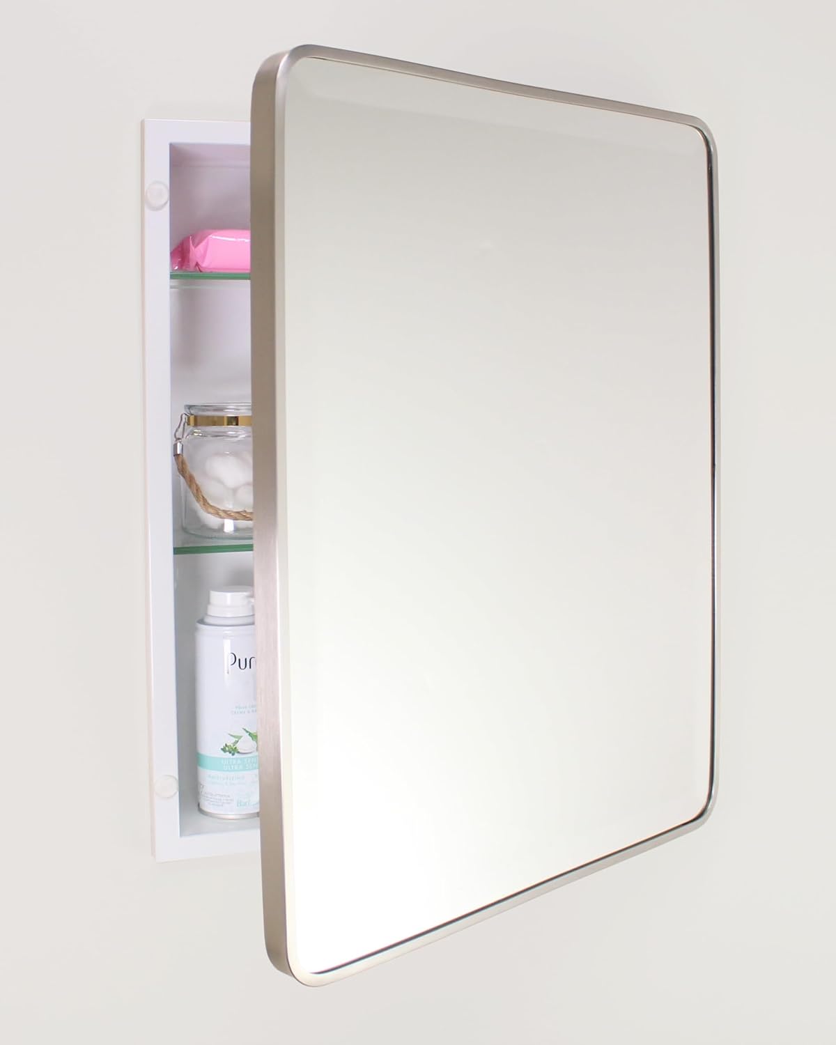 16×20 Austin Farmhouse Metal Framed Rounded Rectangle Recessed Bathroom Medicine Cabinet, Beveled Mirror, 14×18 in-Wall Opening, powder-coated Steel, Glass Shelves, Magnet Close, Brushed Nickel - Image 7