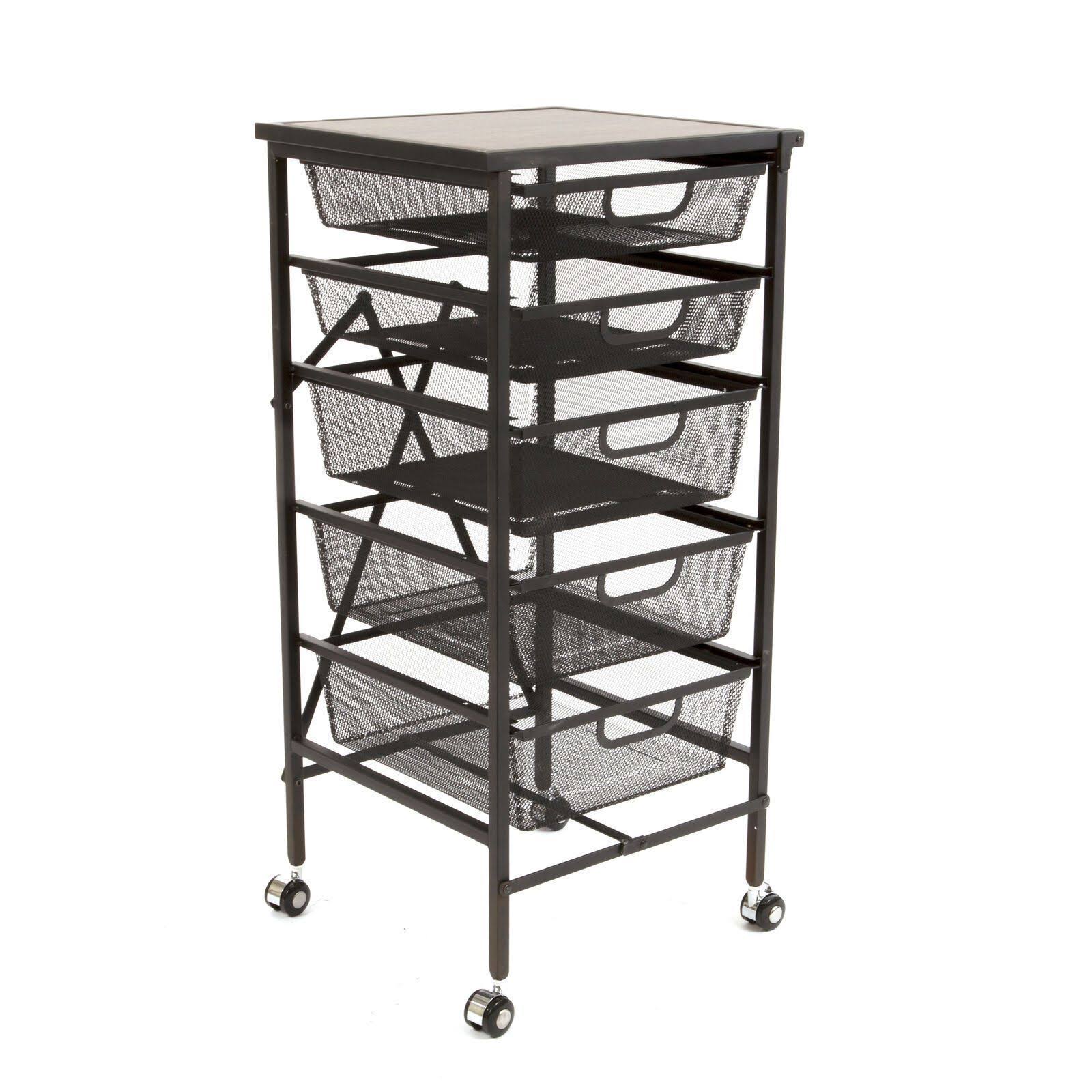 Origami Wheeled Folding Steel 5 Drawer Mesh Storage Kitchen Cart Wood Top Black